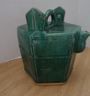 Asian pottery green glaze tea kettle 7": Asian pottery green glaze tea kettle 7" w x 8" d x 8 1/2" h, 19th century