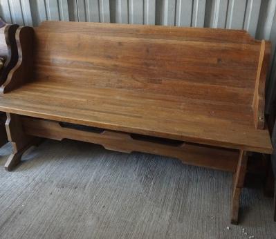 Solid hand made oak pew, shaped stretcher: Solid hand made oak pew, shaped stretcher, 58" w x 19" d x 32 1/2" h, 20th century