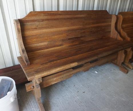 Solid hand made oak pew, shaped stretcher: Solid hand made oak pew, shaped stretcher, 61" w x 18" d x 34" h, 20th century