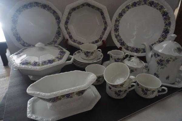 38 pieces of porcelain with violets Eschenbach,: 38 pieces of porcelain with violets Eschenbach, Bavaria, Germany: round cake plate, 12 sided platter, rectangular plate, 8 sided open vegetable bowl, 8 sided covered bowl, coffee pot, creamer & covere