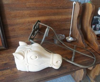 Brass saddle rack with horse motif, jockey cap silver: Brass saddle rack with horse motif, jockey cap silver plate ladle, silver plate covered bucket, wood hand carved horse head, 20th century