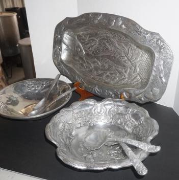 Collection of pewter: Collection of pewter: oval fish platter, rabbit salad bowl with tongs, fruit bowl with tongs, 20th century