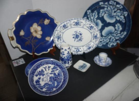 Blue & white porcelain by various companies: Blue & white porcelain by various companies: Vase by Lindner "Cobaltrose", square dish by Royal Copenhagen, demi-tasse cup & saucer by Royal Albert, plate by Blue Willow, 1982 Christmas plate by Denar