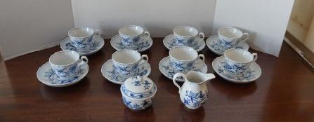 Meissen Blue Onion 8 cups with saucers, covered sugar &: Meissen Blue Onion 8 cups with saucers, covered sugar & creamer, 8 egg cups, 20th century