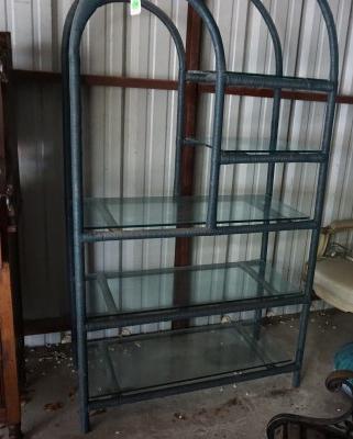 Rattan shelf unit with 5 glass shelves: Rattan shelf unit with 5 glass shelves 39" w x 18" d x 74" h, 20th century