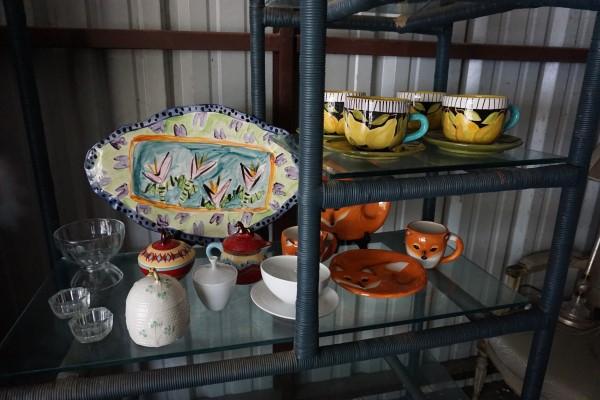 Collection of porcelain & kitchen items: Collection of porcelain & kitchen items: covered honey pot by Belleek, small bowl with liner & covered sugar by Arzberg, 4 large cups & saucers, 2 mugs with 2 plates with fox design, creamer & sugar, 