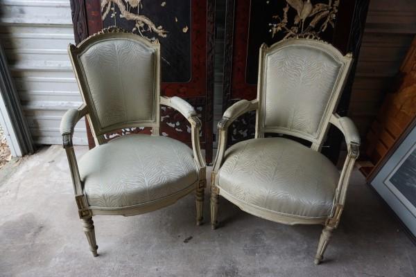 Pair of French bergere chairs, antique wash, animal: Pair of French bergere chairs, antique wash, animal print upholstery, ornate crest 24" w x 20" d x 38" h, 20th century