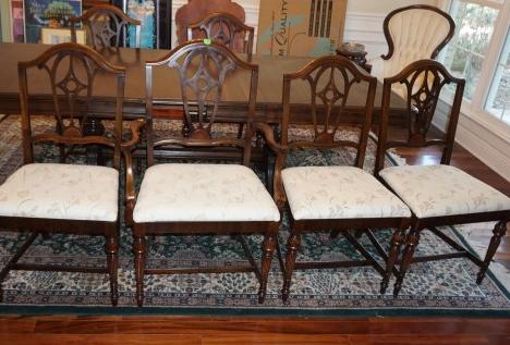 Set of 6 mahogany dining chairs: Set of 6 mahogany dining chairs: chairs with upholstered seats & carved back, 1 arm & 5 side chairs 20" w x 17" d x 38 1/2" h, mid 20th century