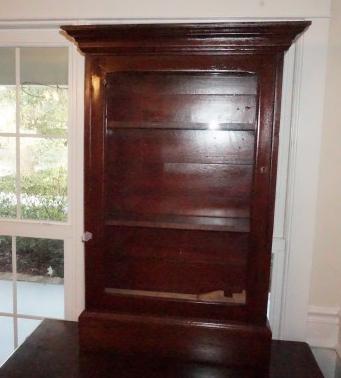 Antique mahogany hanging display case with 2 shelves,: Antique mahogany hanging display case with 2 shelves, oak back, 1 door 26" w x 7" d x 45" h, 19th century
