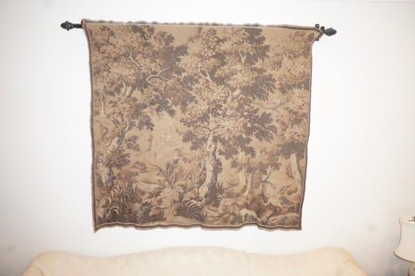 Vintage tapestry wall hanging on metal rod: Vintage tapestry wall hanging on metal rod 51" x 47", 20th century