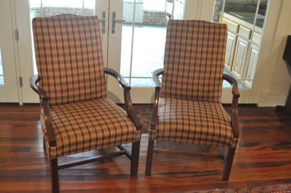 Pair of upholstered arm chairs, mahogany legs, carved: Pair of upholstered arm chairs, mahogany legs, carved arms & stretchers, 25" w x 24" d x 42" h, 20th century