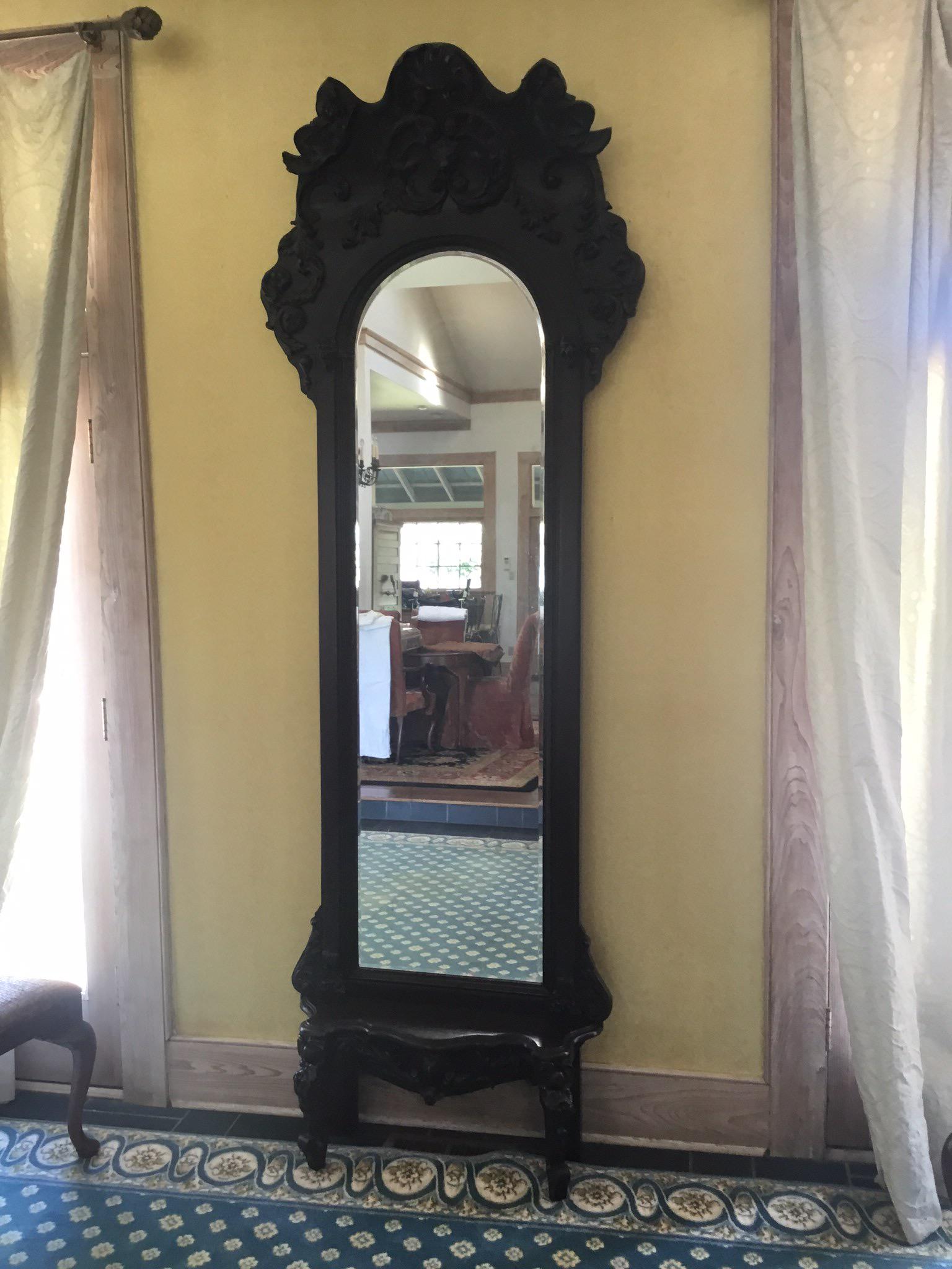 Beautiful mahogany ornate pier mirror with bench: Beautiful mahogany ornate pier mirror with bench: very ornately carved crest, original mirror, table has cabriole legs 27" w x 10" d (table) x 105" h, 19th century
