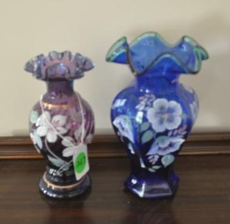 2 hand blown & hand painted Fenton vases: 2 hand blown & hand painted Fenton vases: Blue vase 9 1/2" h, celebrating 75 years signed by Bill Fenton November 13, 1998, Mulberry vase 8" h, celebrating 50 years of service by Bill Fenton, Chairman