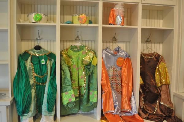 4 Bacchus Mardi Gras costumes, 3 with pans & hats, 1: 4 Bacchus Mardi Gras costumes, 3 with pans & hats, 1 top, 21st century
