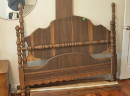 Mixed wood 1930s double bed with headboard 58" w x 42": Mixed wood 1930s double bed with headboard 58" w x 42" h & footboard 42" h, original side rails & slats, mid 20th century