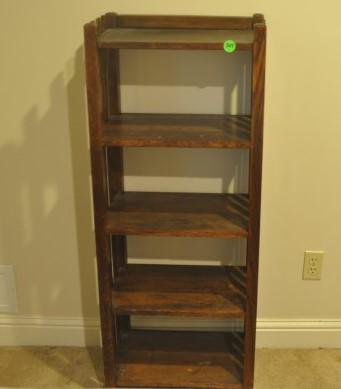 Oak bookcase, 5 shelves, slat sides: Oak bookcase, 5 shelves, slat sides 19" w x 12" d x 47" h, 20th century