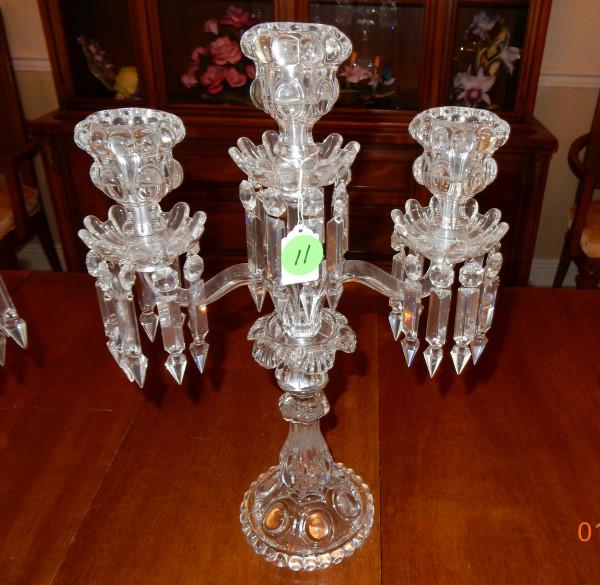 Baccarat Candelabra: Baccarat signed Candelabra, 3 arms, crystal prisms 12 w x 18" h, with documentation, 20th century