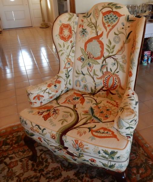 Chair by Mary Webb Wood: Wing back chair by Mary Webb Wood, Asian fabric, 1976, 31" w x 20" d x 45" h