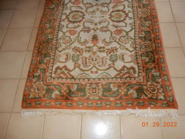 Chindia Runner: 100% wool runner by Chindia, beige, terra cotta, olive 29' x 1.5', 20th century