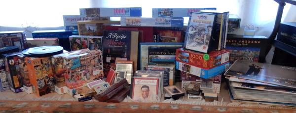 Fun & Games: Large collection of fun, games & music: many puzzles by Ravensberger, decks of cards, albums & DVDs including albums by Pete Fountain, Glen Miller, Andy Williams, etc.