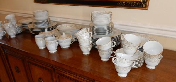 "Royal Kent" China: Service for 16 with serving pieces by Royal Kent: dinner and salad plates, soup bowls, fruit bowls, cups & saucers, 2 sets of creamers & covered sugars, 2 oval open vegetables, 2 oval platters, 20th c