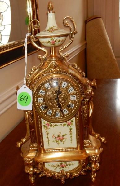 Gold Gilt Clock: Italian gold gilt with hand painted porcelain mantle clock 9 1/2" w x 17" h, 20th century