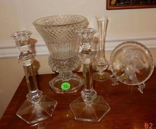 Val St. Lambert: Val St. Lambert cut glass vase & pair of candle sticks, both 9" h,, bud vase, crystal coaster, 20th century