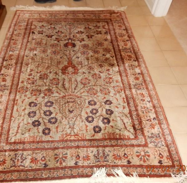 Silk Area Rug: Silk on cotton area rug from Kayseri, terra cotta, beige 4' x 6', 20th century