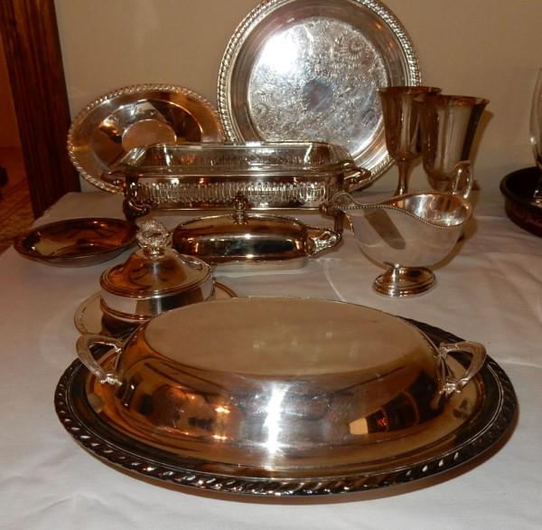 Silver Plate Serving Pieces: Silver plate tray, covered vegetable, 2 bowls, covered butter, goblets, 20th century