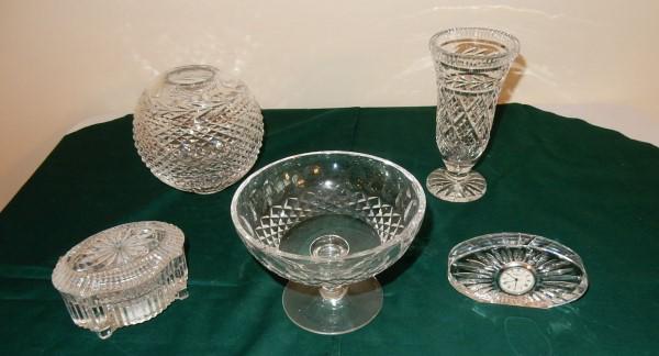 Waterford crystalollectibies: Collection of signed Waterford crystal: rose bowl, vase, covered music box, candy dish, 20th century