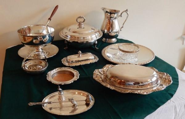Silver Plate Serving Pieces: Silver plate: pitcher, Cafe Brulot set, covered butter, coasters, trays, 20th century