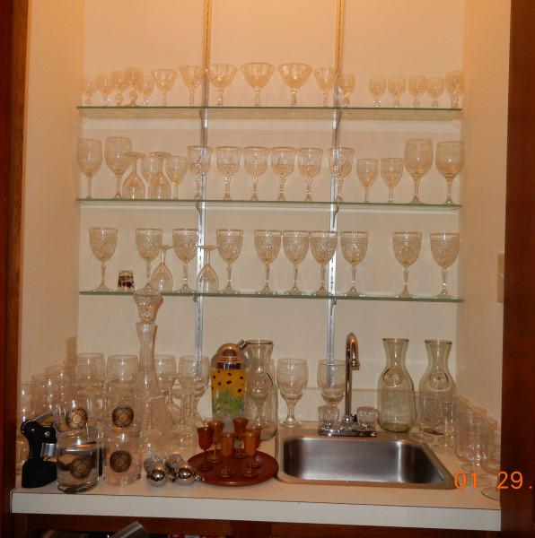 Bar Ware: Very large assortment of bar ware: wine glasses, rock glasses, champagne glasses, vintage stirrers, wine opener, napkins, various bar tools, 21th century