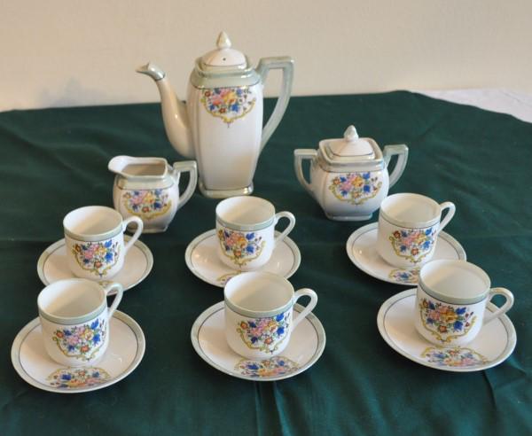 Porcelain Chocolate Pot Set: Porcelain luster chocolate pot with 6 cups & saucers made in Occupied Japan, mid 20th century