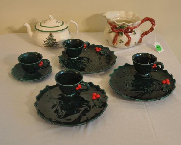Christmas Collectibles: Christmas porcelain: 3 luncheon sets & 1 cup & saucer by Lefton, Spode Christmas Tree tea pot, pitcher by Fitz & Floyd, 20th century