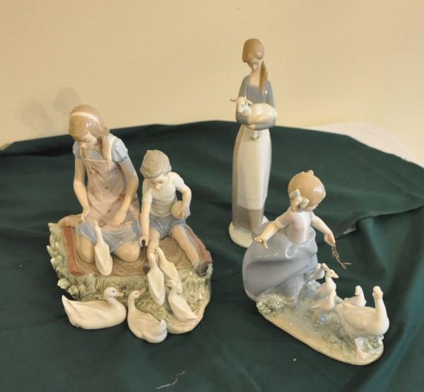 3 Lladro figurines: 3 porcelain Lladro figurines: "Hurry Now" #5503, Girl with Lamb, type 103, Children Feeding Geese, 20th century