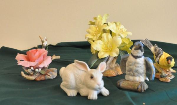 3 Boehm Porcelains: 3 Boehm porcelains & English porcelains: "Royal Blessing", "Fledgling Blue Jay", New Born Rabbit Playing", English porcelains include "Fold Finch", Yellow Rhododendron (broken petal), 20th century