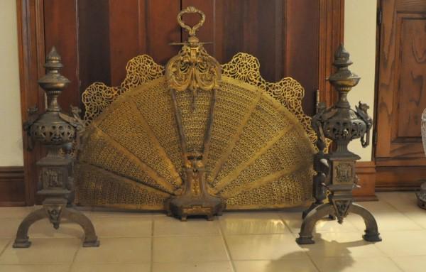 Antique Brass Fireplace Set: Beautiful antique brass fan fireplace screen &l andirons bought 70 years ago on Royal Street, New Orleans: Brass fan fireplace screen, pair of ornate brass andirons with gargoyle motif, 19th century