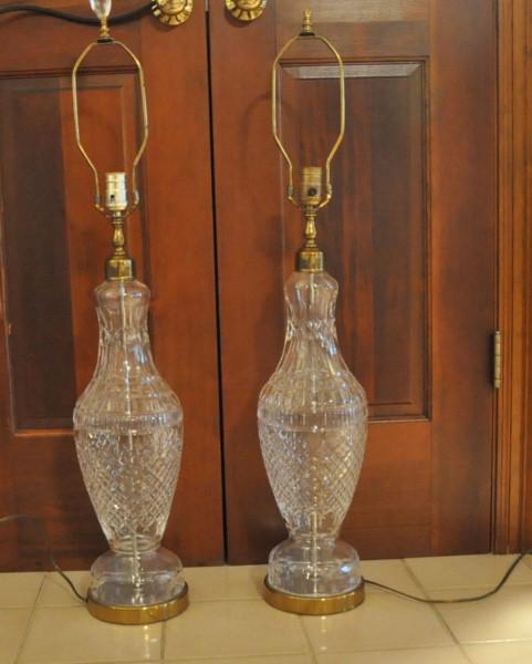 Waterford Lamps: Pair of Waterford lamps with brass bases, 20th century