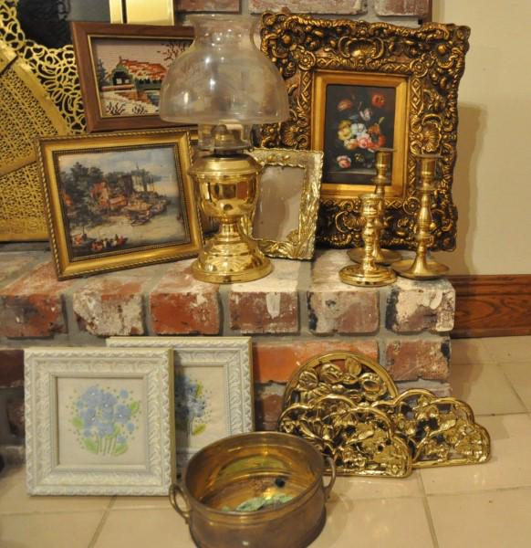 Vintage Collectibles: Brass oil lamp, 3 candle sticks, framed art-some needlepoint, copper pot, 20th century