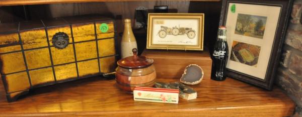 Men's Collectibles: Humidor, gold gilt box, wood covered bowl, Harmonica in box, geo, framed art, old beer bottle, 20th century