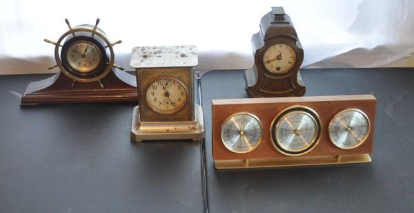 Clocks & Barometers: 3 small vintage clocks & Linden barometer, clocks include Seth Thomas ship clock Jex brass 8 day clock, early 20th century
