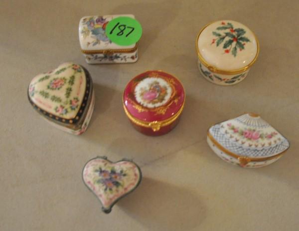 Porcelain Trinket Boxes: 6 small porcelain hinged boxes: 3 Limoges, 1 Lenox, 1 French, 1 unmarked, 20th century