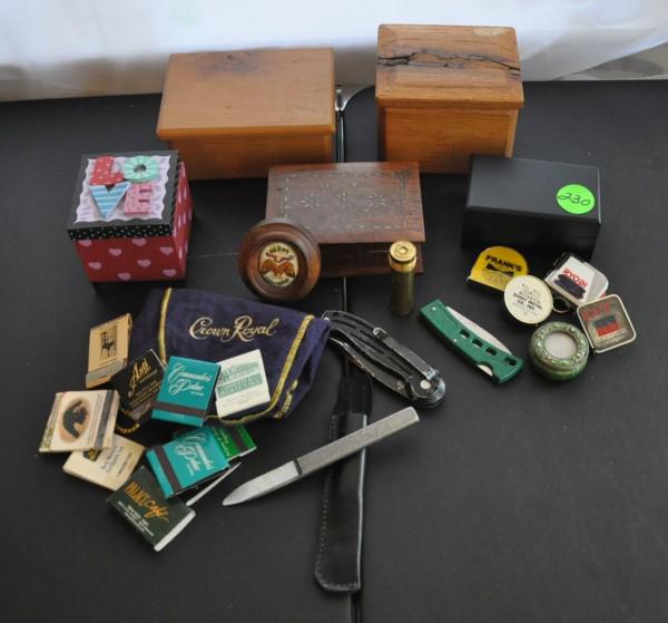 Collectibles: 5 wood boxes-2 are handmade, 2 knives, antique dime bank, letter opener, 4 vintage tape measures, matches, small framed needlepoint