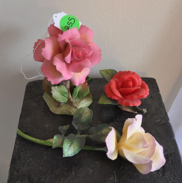 Boehm Porcelains: 2 Boehms: long stem rose F159, Red Rose, 1 Capodimonte pink rose, 20th century