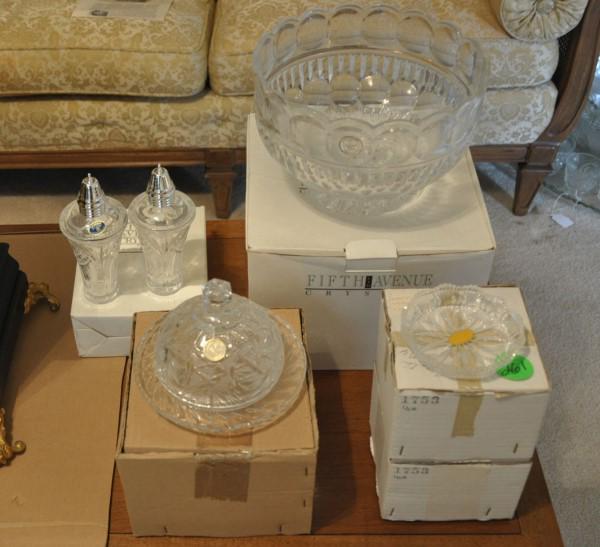 Crystal: Assortment of crystal in original boxes: set of 8 coasters), salt & pepper shakers, bowl, covered candy dish, 20th century