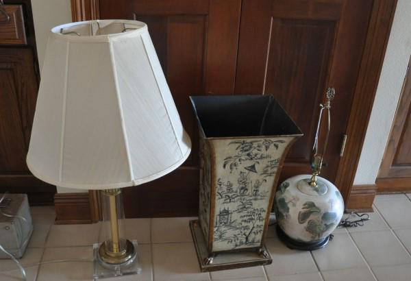 Oriental Collectibles: Glass & brass lamp, Oriental porcelain lamp, painted metal umbrella stand, 20th century