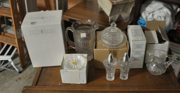 Crystal Collectibles: 5 crystal pieces in original boxes: 2 pitchers, salt & pepper shakers, covered candy, coasters, 21st century
