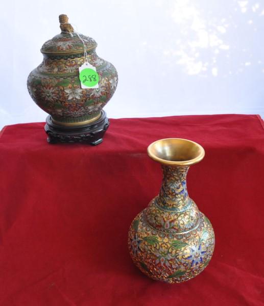 Cloisonne Vases: 1 vintage cloisonne vase & 1 vintage covered ginger jar from China, early 20th century
