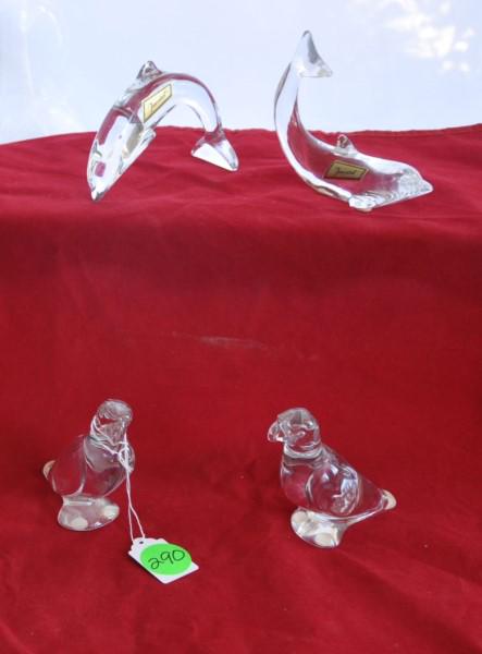 4 Baccarat Figurines: 4 signed Baccarat crystal animals: 2 dolphins, 2 birds, 20th century