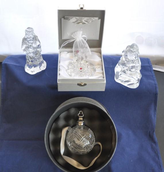 Waterford Collectibles: Signed Waterford crystal Christmas Collectibles: Snowflake Wishes ornament #154707, The Times Square Ball Collection Ornament, Celebrating 100 Years, 2 Santas, 20th century